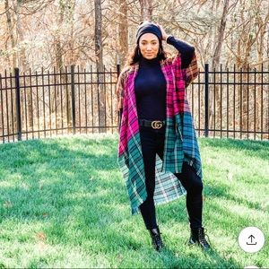 SALE - Color Block Plaid Frayed Hem Kimono